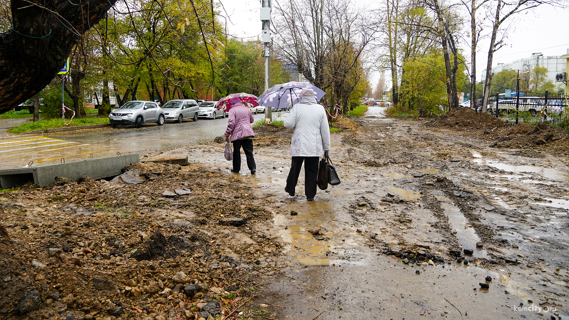 Дежавю в Комсомольске-на-Амуре: без одобрения чиновников перерыли дорогу и снесли несколько деревьев, теперь на Калинина